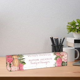 Blush pink flowers  boutique manager monogrammed desk name plate