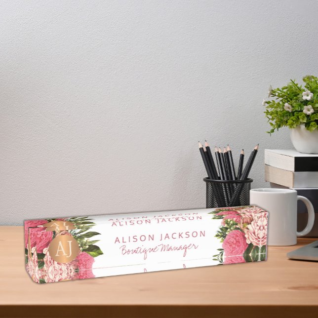 Blush pink flowers  boutique manager monogrammed desk name plate (Creator Uploaded)