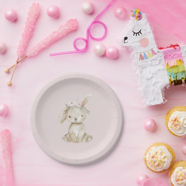 Blush Pink Flowers Bunny Birthday Paper Plates (Party)
