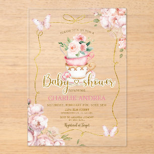 Blush Pink Flowers Butterfly Tea Party Baby Shower Acrylic Invitations