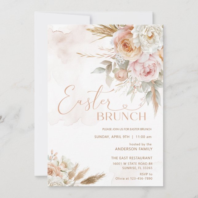 Blush Pink Flowers Easter Brunch  Invitation (Front)