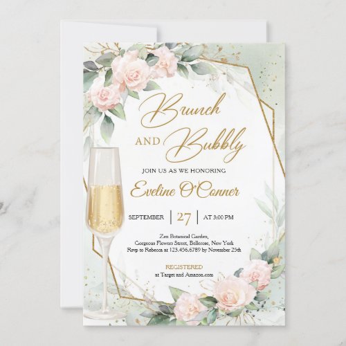 Blush pink flowers eucalyptus brunch and bubbly invitation