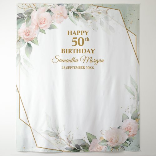 Blush pink flowers eucalyptus gold 50th birthday tapestry