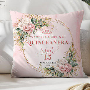 Blush Pink Flowers Eucalyptus Quinceañera Gift Throw Pillow