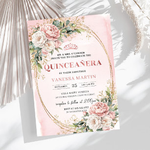Blush Pink Flowers Eucalyptus Quinceañera Invite