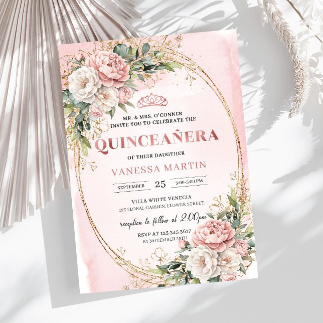 Blush Pink Flowers Eucalyptus Quinceañera Invite (Blush Pink Flowers Eucalyptus Quinceañera Invite)