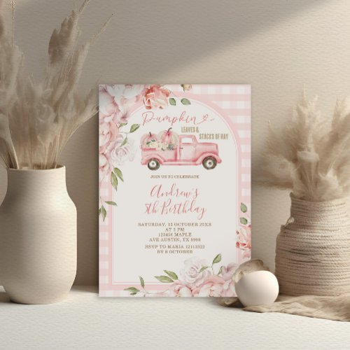 Blush Pink Flowers Fall Gingham Tractor Birthday Invitation