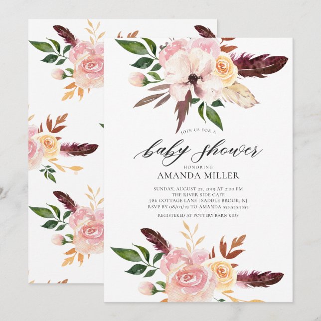 Blush Pink Flowers Feathers Baby Shower Invitation (Front/Back)