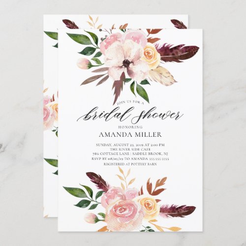 Blush Pink Flowers Feathers Bridal Shower Invitation