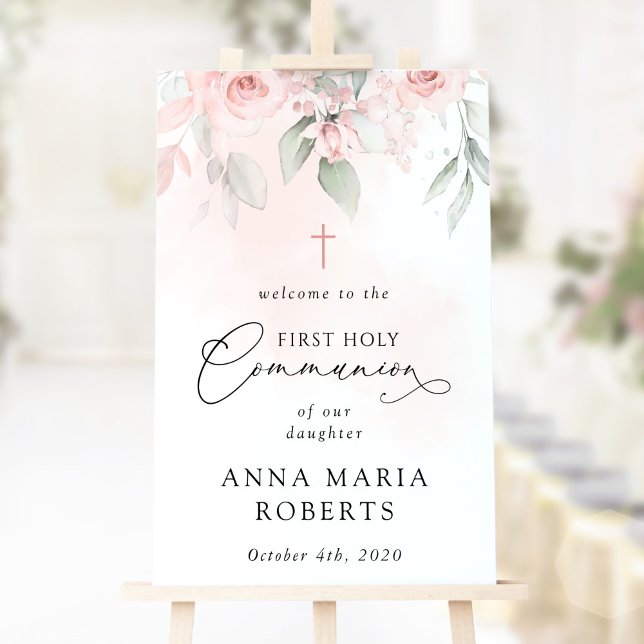 Blush Pink Flowers, First Holy Communion Welcome Foam Board (Creator Uploaded)