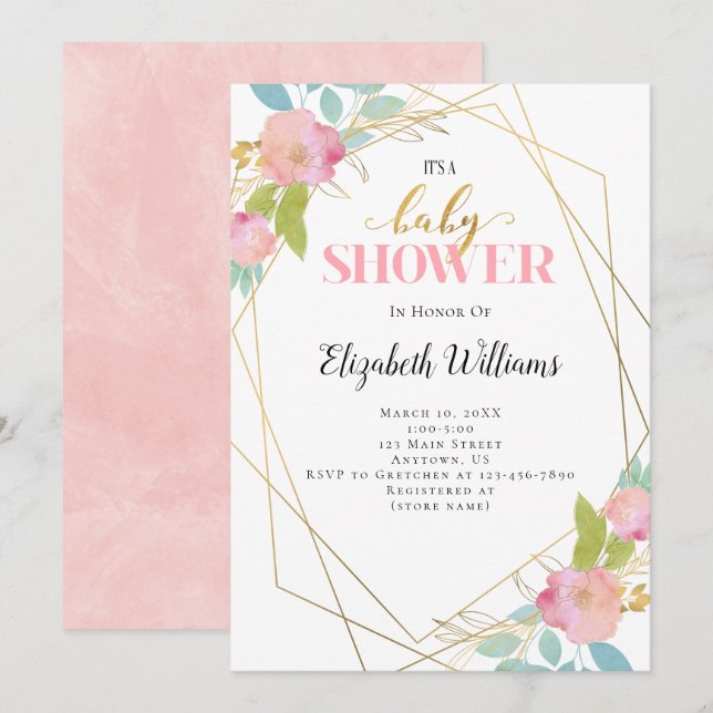Blush Pink Flowers Geometric Frame Baby Shower Invitation (Front/Back)