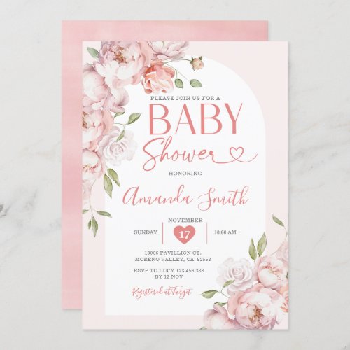 Blush Pink Flowers Girl Baby Shower Greenery Invitation