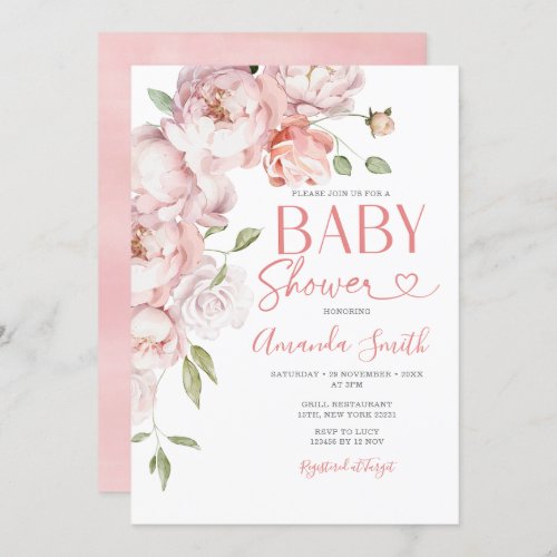 Blush Pink Flowers Girl Baby Shower Greenery Invitation