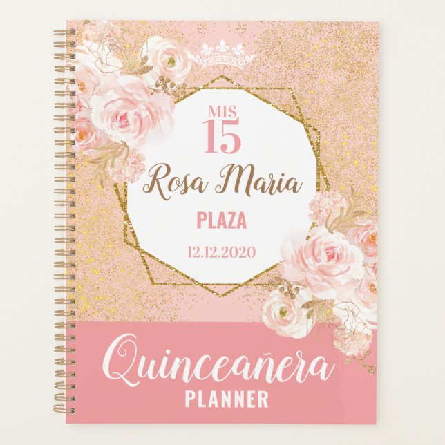 Blush Pink Flowers Glitter Quinceañera Planner (Front)