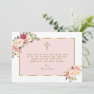 Blush Pink Flowers Gold 1st Birthday Baptism Thank You Card