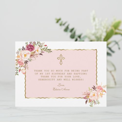 Blush Pink Flowers Gold 1st Birthday Baptism Thank You Card