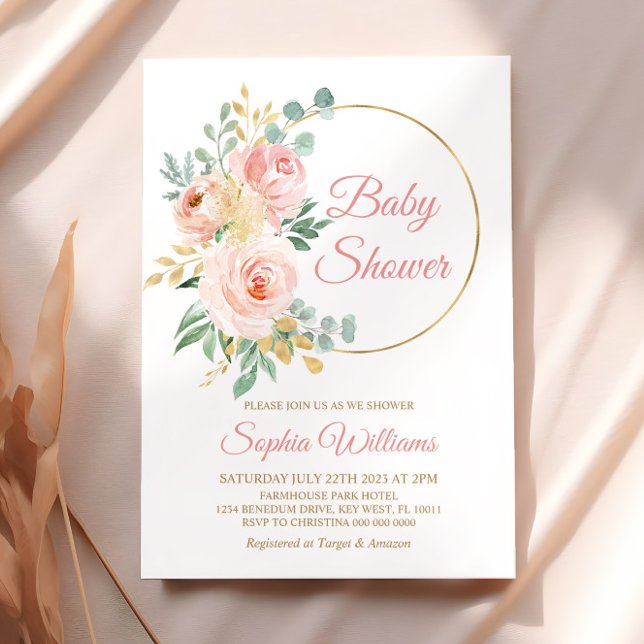 Blush Pink Flowers & Gold Baby Shower Invitation (Creator Uploaded)