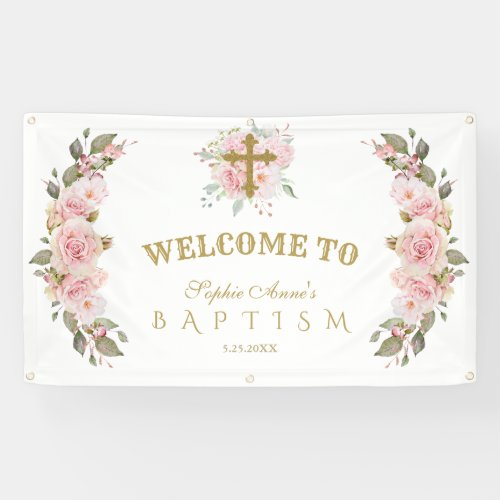 Blush Pink Flowers Gold Baptism Welcome Sign