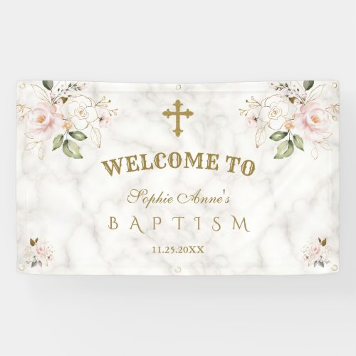 Blush Pink Flowers Gold Baptism Welcome Sign