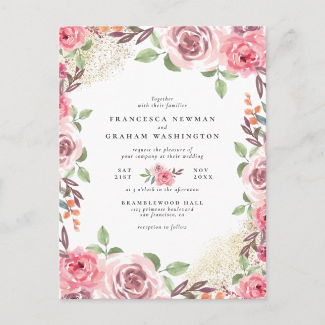 Blush Pink Flowers & Gold Dust Botanical Wedding Invitation Postcard (Front)