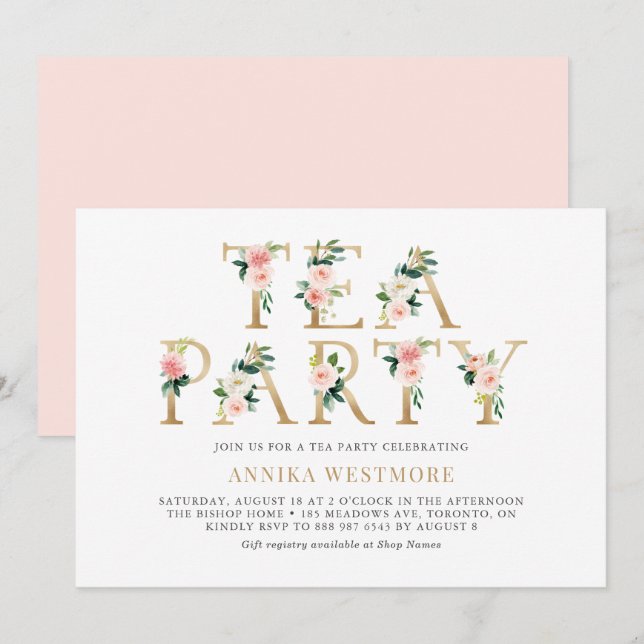 Blush Pink Flowers Gold Foil Spring Tea Party Invitation (Front/Back)
