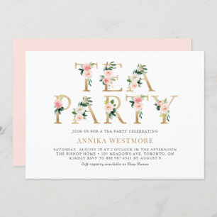 Blush Pink Flowers Gold Foil Spring Tea Party Invitation
