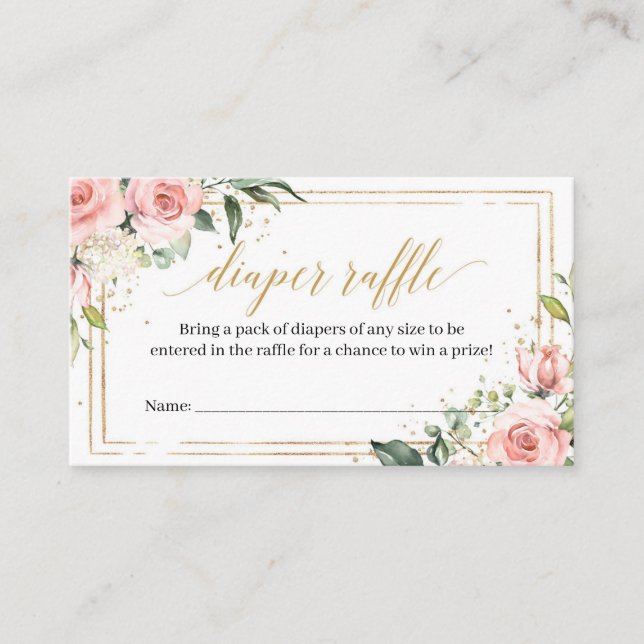 Blush Pink Flowers Gold Frame Diaper Raffle Card (Front)