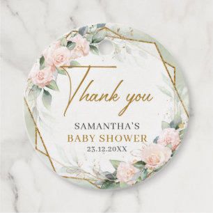 Blush pink flowers gold frame greenery baby shower favor tags