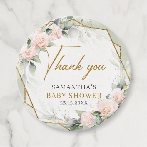 Blush pink flowers gold frame greenery baby shower favor tags