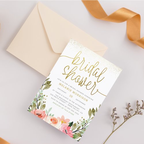 Blush Pink Flowers  Gold Garden Bridal Shower Invitation Postcard