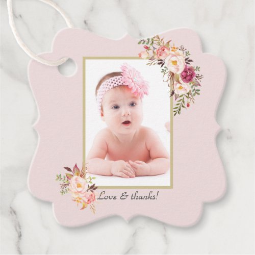 Blush Pink Flowers Gold Girl Photo Baptism  Favor Tags