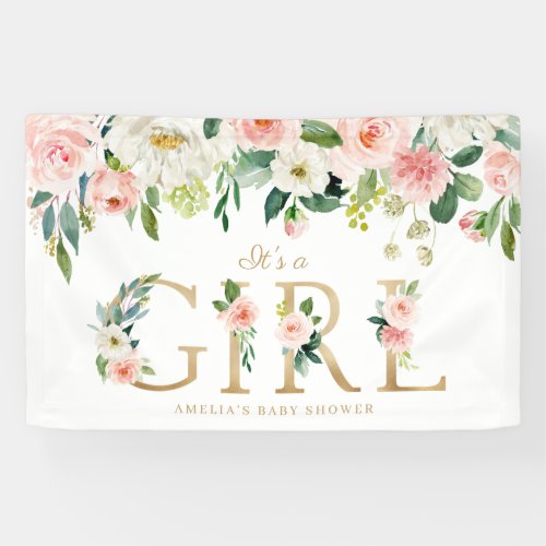 Blush Pink Flowers Gold Its a Girl Baby Shower Banner