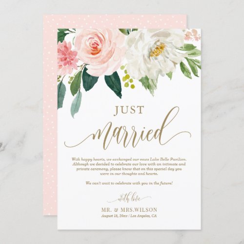 Blush Pink Flowers Gold Just Married Wedding Announcement
