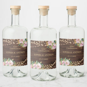 Blush Pink Flowers & Gold Wedding Wood Liquor Bottle Label