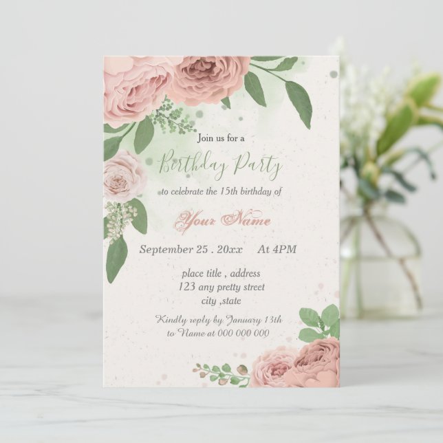 blush pink flowers green leaves birthday invitation (Standing Front)