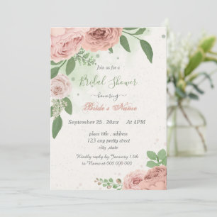 blush pink flowers green leaves bridal shower invitation