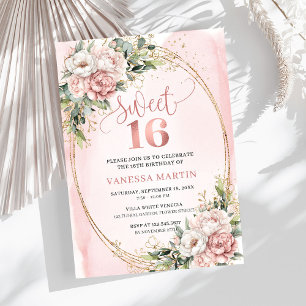 Blush Pink Flowers Greenery 16th Birthday Party Invitation