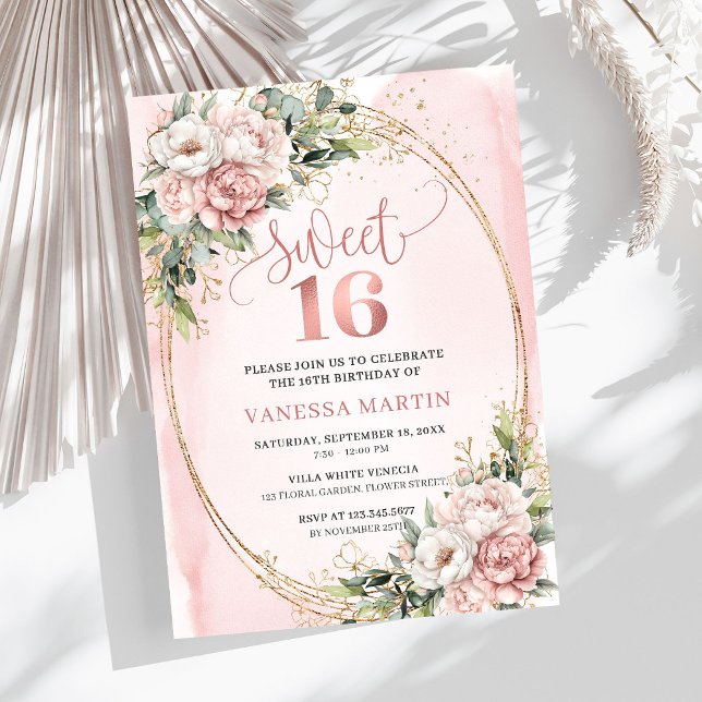Blush Pink Flowers Greenery 16th Birthday Party  Invitation (Dusty Pink Floral Eucalyptus Sweet Sixteen Birthday Invite

)