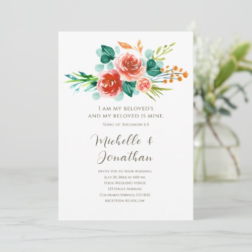 Blush Pink Flowers Greenery Bible Verse Wedding Invitation