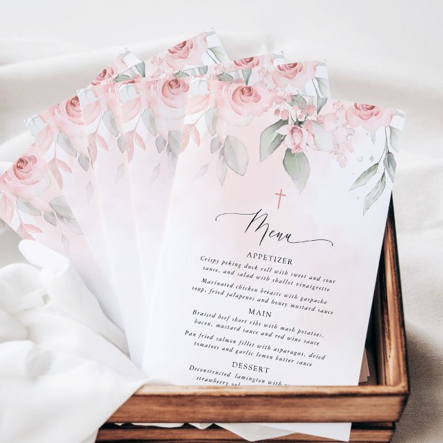 Blush Pink Flowers, Greenery, Boho, Baptism Menu (Creator Uploaded)