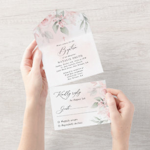 Blush Pink Flowers, Greenery, Boho, Floral Baptism All In One Invitation