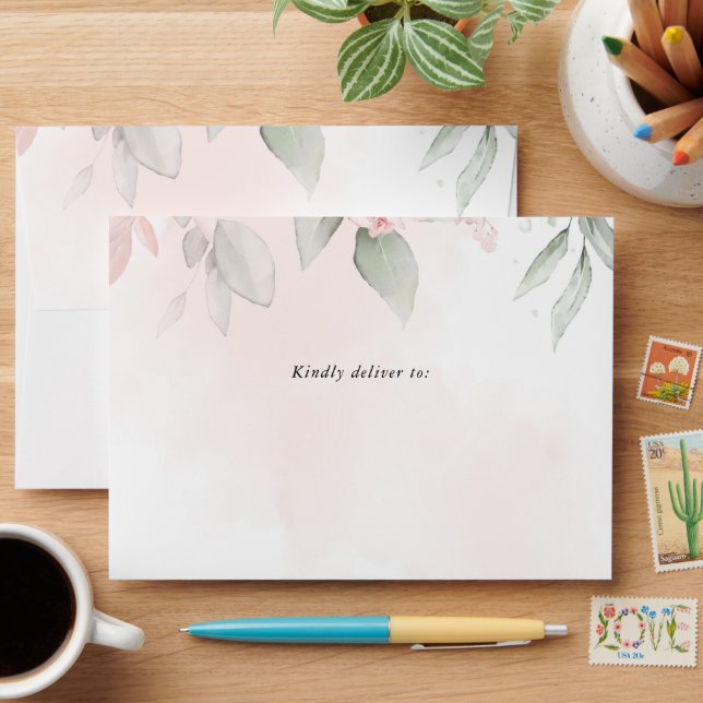 Blush Pink Flowers, Greenery, Boho, Floral Baptism Envelope (Desk)