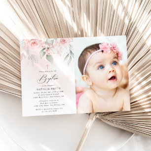 Blush Pink Flowers, Greenery, Boho, Floral Baptism Invitation