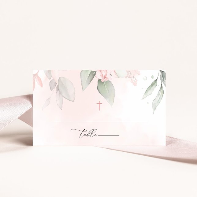 Blush Pink Flowers, Greenery, Boho, Floral Baptism Place Card (Creator Uploaded)