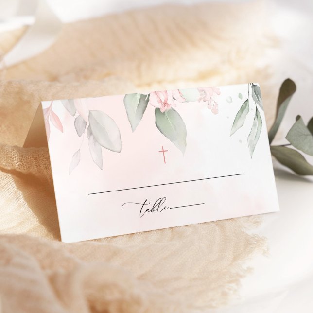 Blush Pink Flowers, Greenery, Boho, Floral Baptism Place Card (Creator Uploaded)
