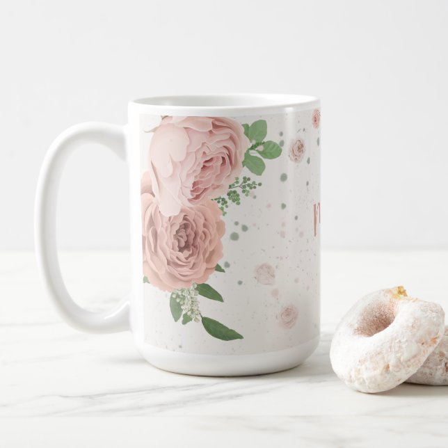 blush pink flowers greenery botanical coffee mug (With Donut)