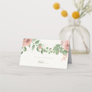 blush pink flowers greenery botanical place card