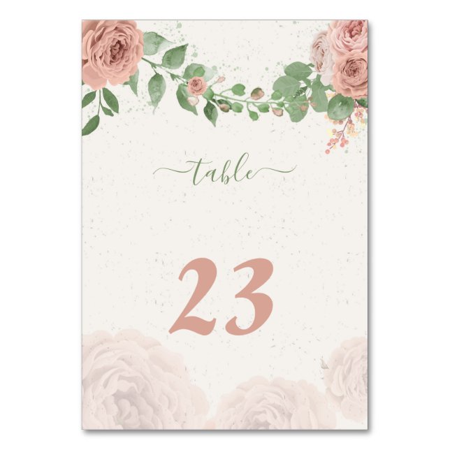 blush pink flowers greenery botanical table number (Front)