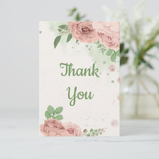 blush pink flowers greenery botanical thank you card (Standing Front)
