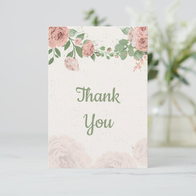 blush pink flowers greenery botanical thank you card (Standing Front)